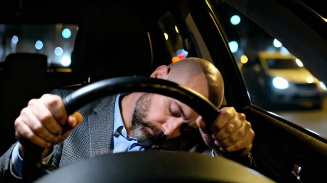 Tired man sleeping at the wheel while driving at night showing driver fatigue and danger of drowsy driving.