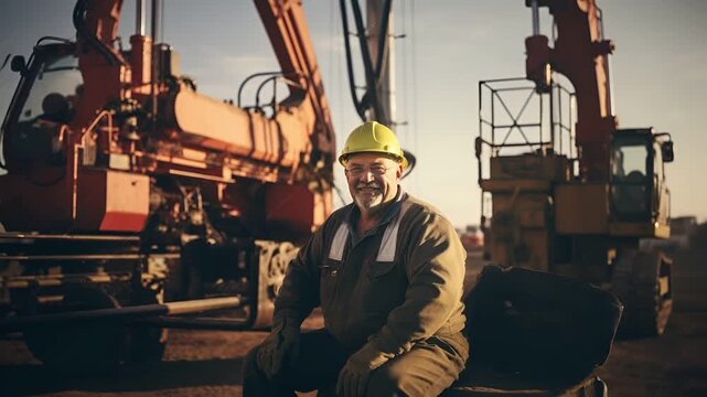 A man in a hard hat and overalls sits in front of a large red drilling rig on a construction site. The scene is bathed in the warm glow of the setting or rising sun.