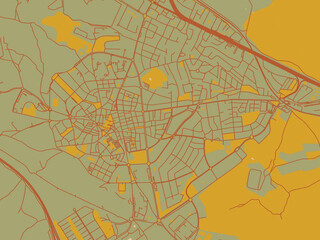 Contemporary flat map of Majadahonda, Spain design with sage green ground with rust-red roads and ochre accents.