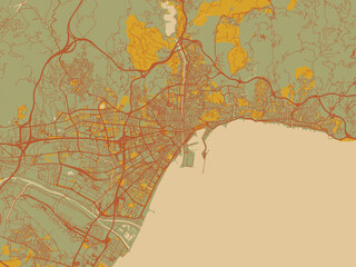 Contemporary flat map of Malaga, Spain design with earthy sage background with rust roadways and ochre details.