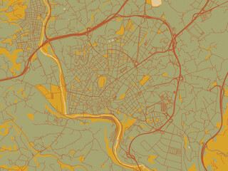 Modern flat map poster of Manresa, Spain in olive backdrop with warm rust street network and ochre blocks.
