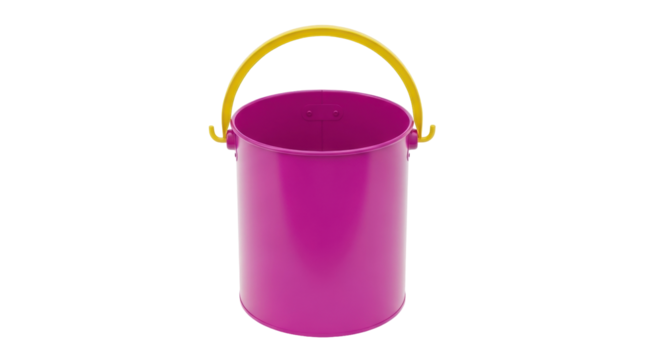 Isolated pink metal bucket, a garden storage container with yellow handle for tools equipment