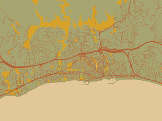 Obraz premium Modern flat map poster of Marbella, Spain in sage green ground with rust-red roads and ochre accents.