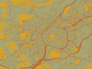 Flat painterly map of Oviedo, Spain in sage green ground with rust-red roads and ochre accents.
