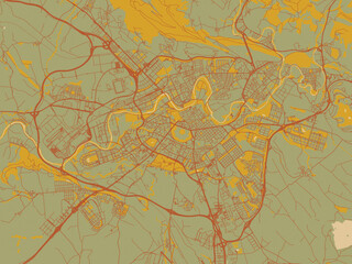 Minimalist flat city map of Pamplona, Spain with muted sage base, rust-colored roads, and soft ochre highlights.