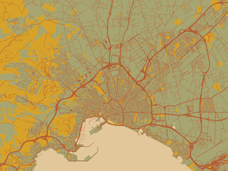 Vector-style flat map of Palma de Mallorca, Spain with sage green ground with rust-red roads and ochre accents.