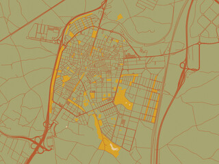 Minimalist flat city map of Parla, Spain with earthy sage background with rust roadways and ochre details.
