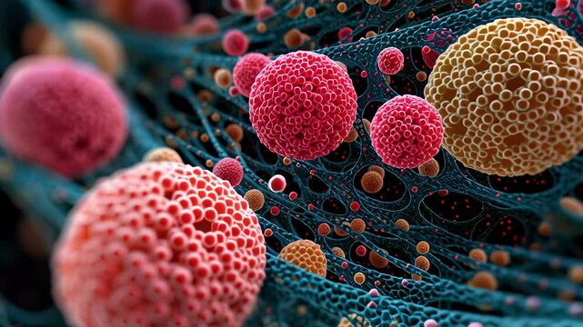 Vibrant microscopic view of cells, colorful microbial structures highlighted against a dark background, showcasing complex biology.