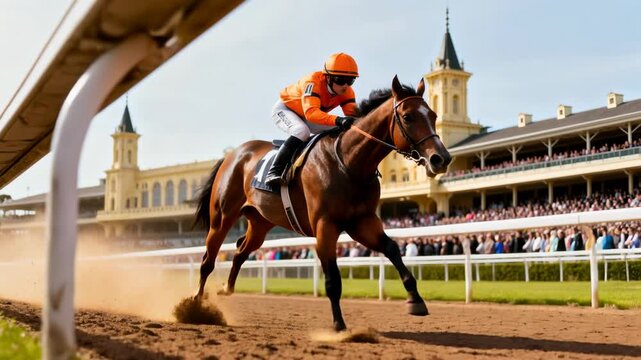 Jockey riding a racehorse at full speed on a dirt track during a competitive horse racing event.