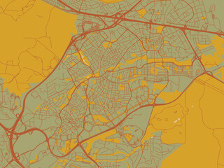 Poster-ready flat map of Pozuelo de Alarcon, Spain, earthy sage background with rust roadways and ochre details.