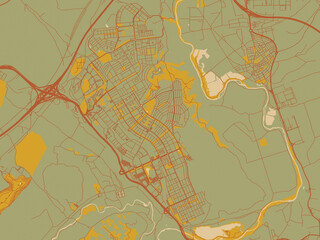 Obraz premium Decorative flat city map of Rivas Vaciamadrid, Spain using olive backdrop with warm rust street network and ochre blocks.