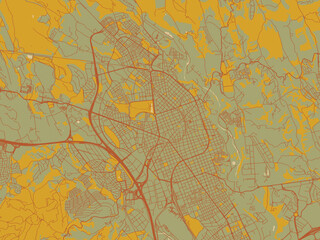 Flat painterly map of Sabadell, Spain in sage/olive tone field with rust networks and ochre shapes, cream water.