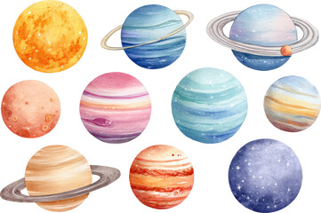 Watercolor planet illustration collection, whimsical solar system for astronomy