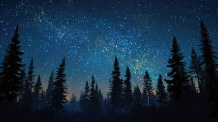 Serene Night Sky Over a Silhouette of Tall Evergreen Trees