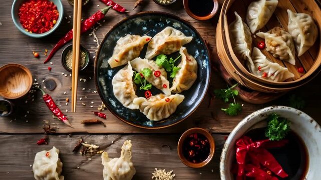 A topdown view of a rustic wooden table showcasing a plate of dumplings, a bamboo steamer, and various ingredients and utensils. The main subject is the dumpling on the plate.