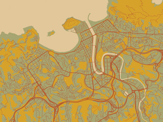 Fototapeta premium Poster-ready flat map of San Sebastian, Spain, earthy sage background with rust roadways and ochre details.