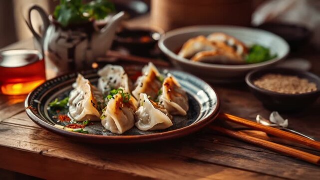 A closeup shot of a table setting with a plate of dumplings and a cup of tea. The main subject is the dumpling dish, which appears to be a type of dim sum.
