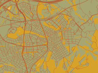 Contemporary flat map of Sant Cugat del Valles, Spain design with olive backdrop with warm rust street network and ochre blocks.