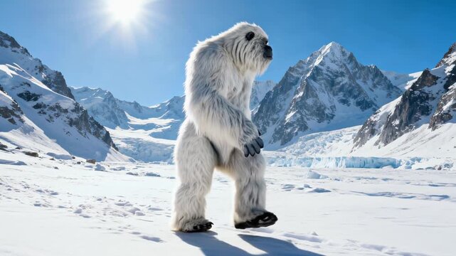 Enigmatic white cryptid silhouetted against dramatic glacial landscape, moving across pristine snow-covered mountain terrain with sharp sunlight casting dramatic shadows