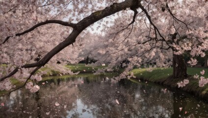 Overhanging branches of blooming trees frame a tranquil, mirrored stream in soft light