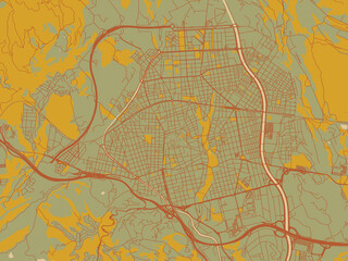 Modern flat map poster of Terrassa, Spain in earthy sage background with rust roadways and ochre details.