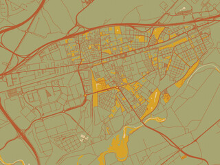Vector-style flat map of Torrejon de Ardoz, Spain with muted sage base, rust-colored roads, and soft ochre highlights.