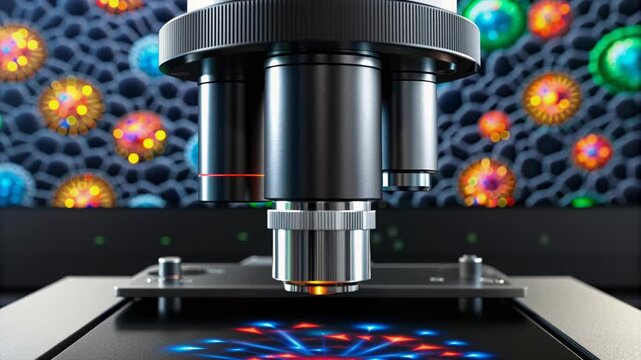 Antibody drug discovery concept. Microscope focused on colorful microorganisms, showcasing detailed scientific observation.