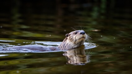 Fototapeta premium Swimming otter in tranquil water nature scene wildlife photography serene environment close-up view