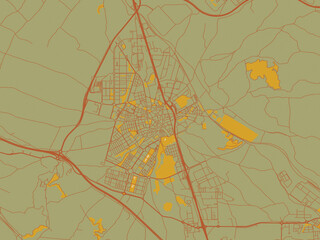 Graphic flat color map of Valdemoro, Spain in earthy sage background with rust roadways and ochre details.