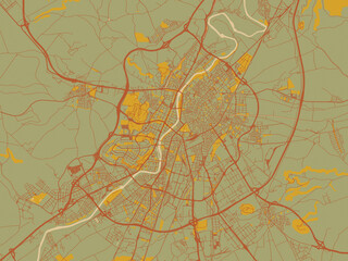 Contemporary flat map of Valladolid, Spain design with muted sage base, rust-colored roads, and soft ochre highlights.