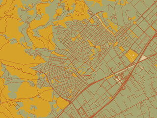 Modern flat map poster of Viladecans, Spain in muted sage base, rust-colored roads, and soft ochre highlights.