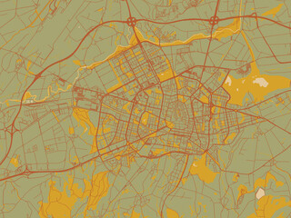 Obraz premium Graphic flat color map of Vitoria, Spain in olive backdrop with warm rust street network and ochre blocks.