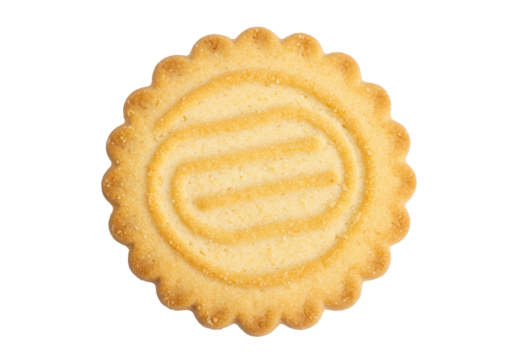 Isolated butter cookie with oval decoration and scalloped edge, sweet treat snack