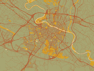 Abstract flat-design map of Zaragoza, Spain, featuring earthy sage background with rust roadways and ochre details.