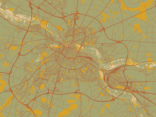Vector-style flat map of Amiens, France with sage/olive tone field with rust networks and ochre shapes, cream water.