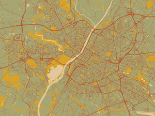 Stylized minimalist map of Angers, France in sage green ground with rust-red roads and ochre accents.
