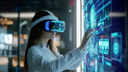 A woman in a white lab coat is using a virtual reality headset to interact with a digital screen. The screen displays a complex array of holographic data. - Powered by Adobe