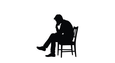 Fototapeta premium Silhouette of a man sitting on a chair with his hand on his chin, appearing to be in deep thought.