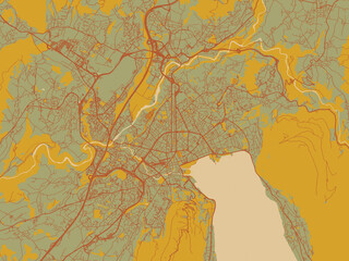 Graphic flat color map of Annecy, France in earthy sage background with rust roadways and ochre details.