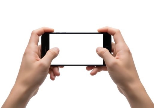 Hands Holding Smartphone in Landscape Mode, Gaming or Watching Video on Blank White Screen, Isolated on Black Background.