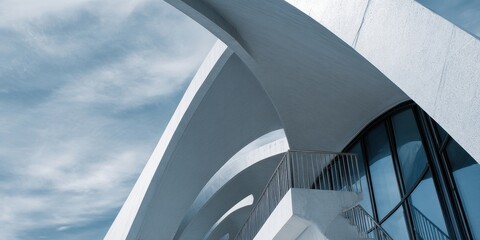 Obraz premium Swooping White Concrete Architecture with Balcony against a Blue Sky