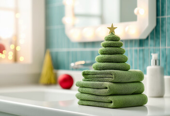 a stack of green towels arranged to form the shape of an artificial christmas tree, placed on top of a bathroom counter with a lighted mirror above it