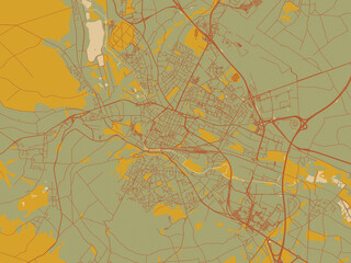 Modern flat map poster of Beauvais, France in sage/olive tone field with rust networks and ochre shapes, cream water.