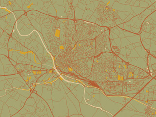 Poster-ready flat map of Beziers, France, muted sage base, rust-colored roads, and soft ochre highlights.