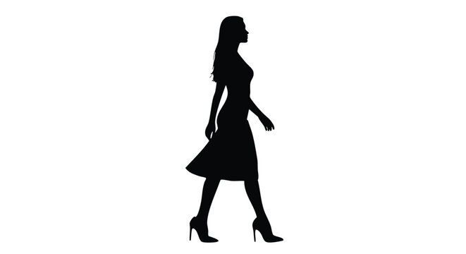Silhouette of a woman in a dress and high heels walking confidently against a white background.