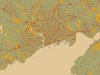 Fototapeta premium Graphic flat color map of Brest, France in olive backdrop with warm rust street network and ochre blocks.