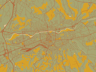 Graphic flat color map of Brive-la-Gaillarde, France in muted sage base, rust-colored roads, and soft ochre highlights.