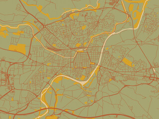 Vector-style flat map of Carcassonne, France with sage/olive tone field with rust networks and ochre shapes, cream water.