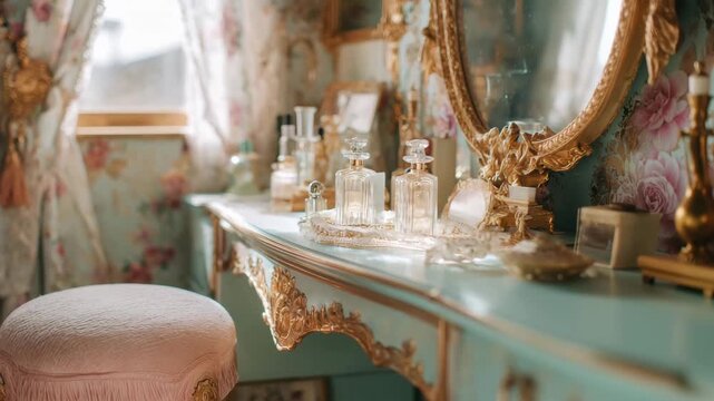 A vintage vanity table with ornate gold accents, featuring glass perfume bottles and a round pink stool. Floral curtains frame a bright window.