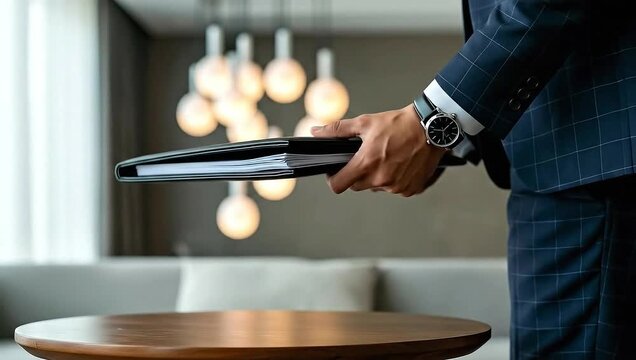 A suited person's arm with a watch, holding a folder over a table. Soft, blurry lights are present